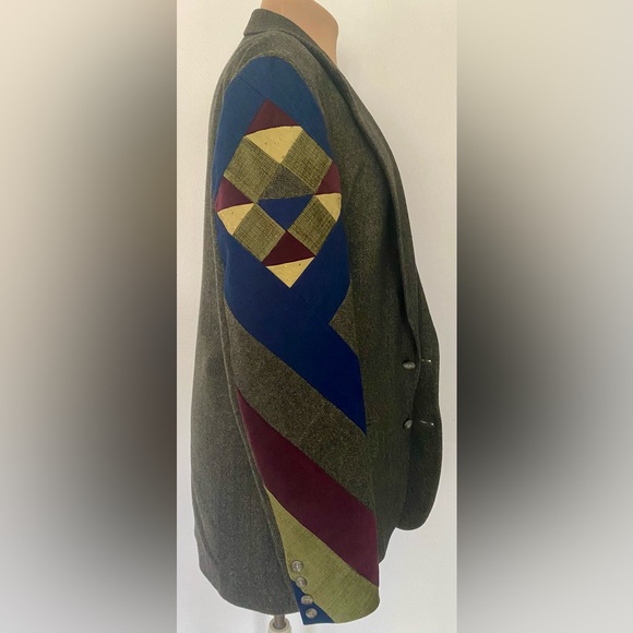 Vintage 80s Men's PATCHWORK Blazer Set 42/XL HOLBROOK Green Wool Quilted Jacket - Picture 3 of 9